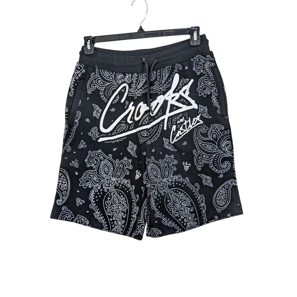 Crooks & Castles Mens M Shorts Bandana Logo Script French Terry Sweat Black